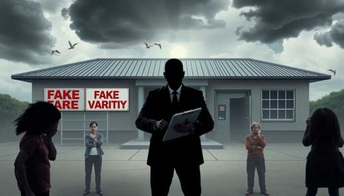 A shadowy figure in a suit holding a clipboard stands in front of a building with a fake charity sign, surrounded by confused and concerned individuals, conveying deception and urgency under dark clouds.