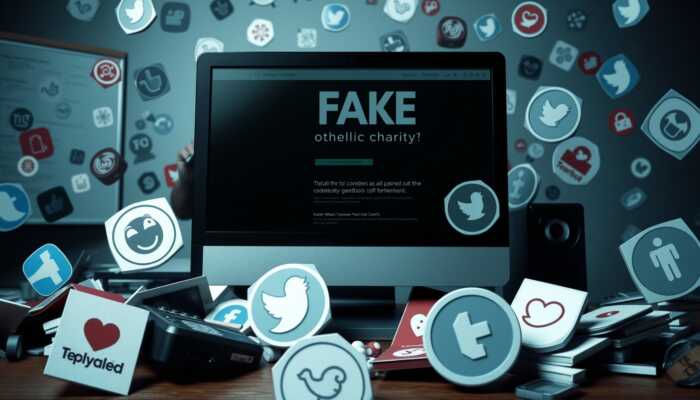 A computer screen shows a fake charity website surrounded by counterfeit logos and deceptive social media icons, with a shadowy figure on the phone, creating a sense of urgency.