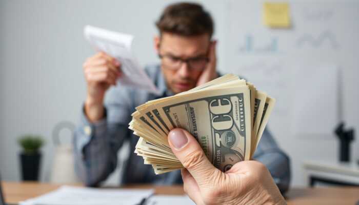 A hand holding a stack of cash in front of a worried person looking at bills, representing the urgency of managing unexpected expenses.