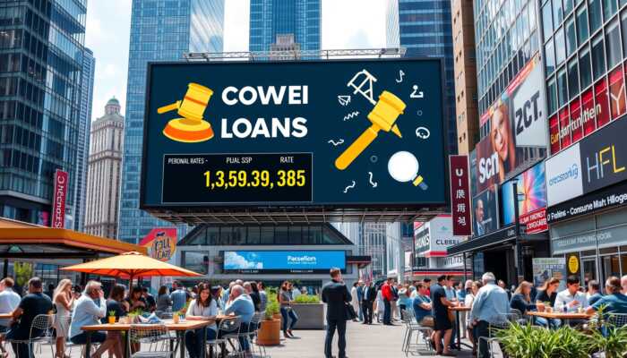 A vibrant urban financial district featuring diverse individuals discussing personal loans at outdoor cafes, with a digital display showing fluctuating interest rates and a billboard highlighting consumer protection amidst symbols of compliance and regulation.
