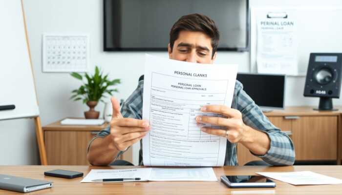 Person sitting at a desk, looking relieved while reviewing personal loan approval paperwork, with a calendar and receipts for an urgent medical bill and car repair in the background, symbolizing financial relief and accessibility.