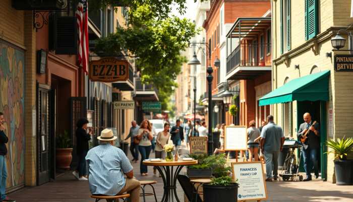 A vibrant New Orleans street scene featuring historic buildings, street art, and people interacting, with a couple discussing finances at a café and a musician playing jazz, reflecting community and accessible financial solutions.