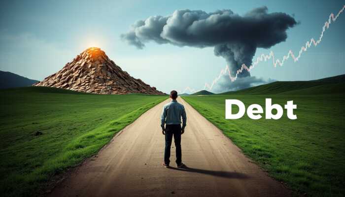 A person at a crossroads contemplating two paths: one leading to a mountain of coins and the other to a storm cloud representing debt, with a fluctuating credit score graph in the background.