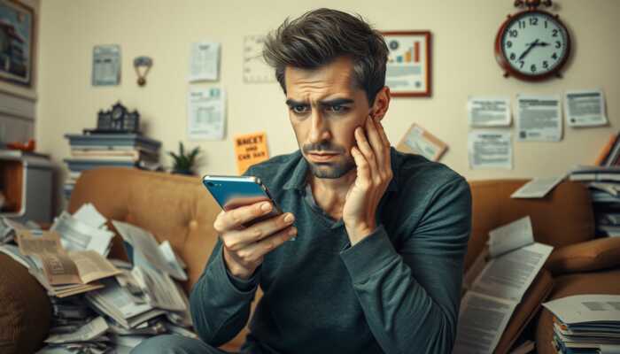 A stressed individual in a cluttered living room, surrounded by bills and urgent notices, anxiously holding a smartphone as a clock ticks in the background.