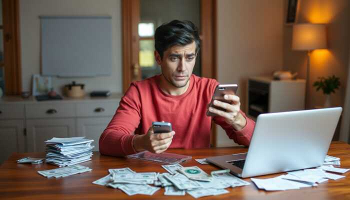 Person relieved after receiving emergency loan approval, surrounded by bills and a laptop in a cozy room.