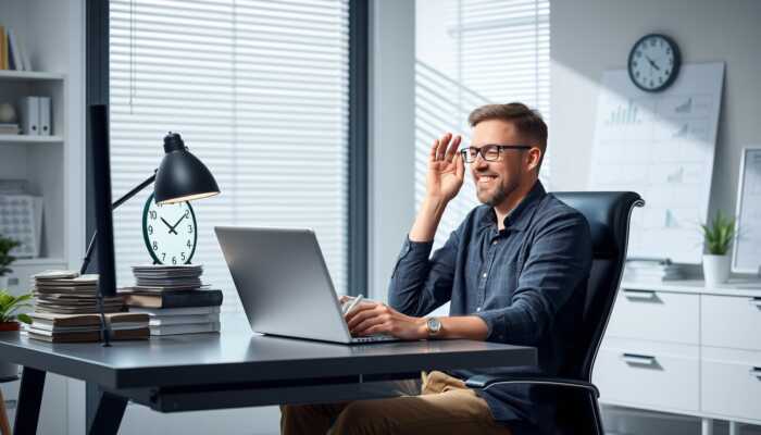 Person at a desk with a laptop, looking relieved while reviewing loan documents, surrounded by cash and a clock indicating quick time progression in a bright home office.