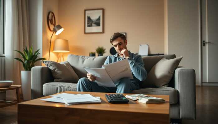 A person sitting on a sofa in a cozy living room, reviewing financial documents on a laptop, with a calculator and bills on the coffee table.