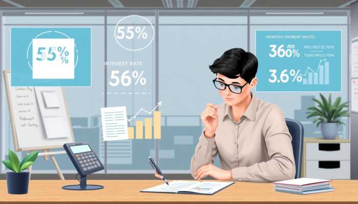 A person analyzing a loan agreement with visual representations of varying interest rates, calculators, and graphs in a modern office setting.