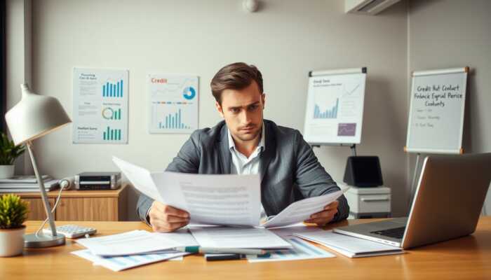 Person analyzing financial documents and credit score at a desk in a modern office, looking concerned about loan approval factors.