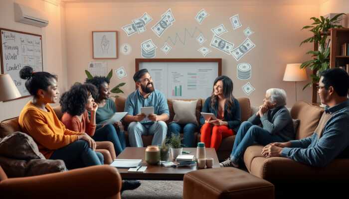A diverse group of individuals sharing personal stories of overcoming financial struggles in a cozy living room, embodying hope and determination amidst symbolic imagery of money and debt.