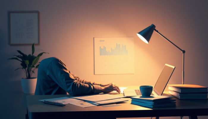 A person sitting at a desk with financial documents and a laptop, illuminated by warm light, symbolizing focus and determination in managing finances, with a potted plant and coffee cup in the background.