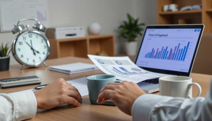 Person reviewing financial documents in a serene office setting, with a laptop displaying graphs, a calculator, and a cup of coffee, emphasizing time management.