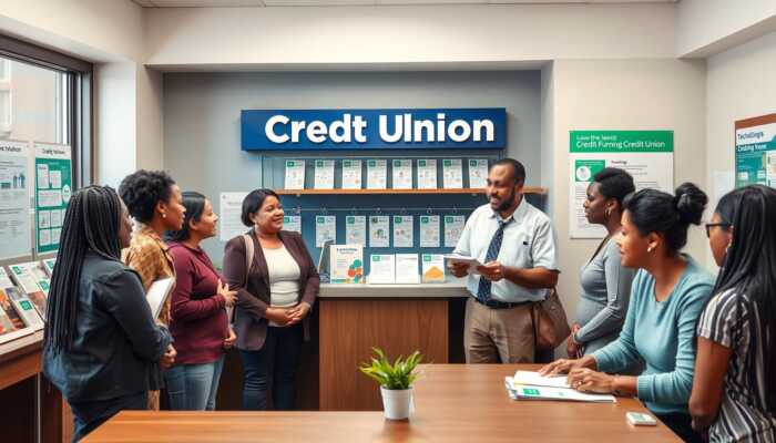 Diverse low-income individuals meeting with a credit union representative in a welcoming office, discussing financial options and surrounded by educational materials and low-interest loan brochures.