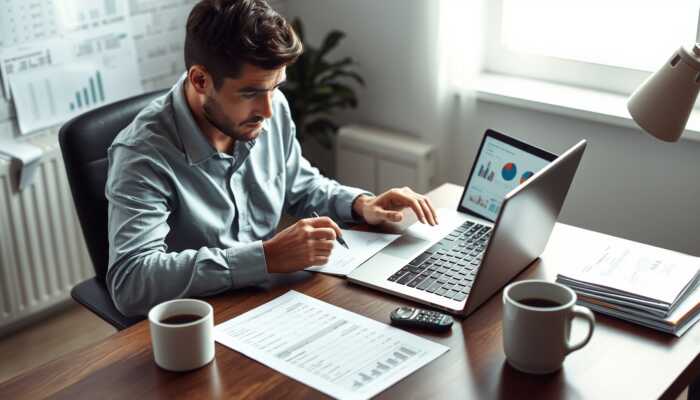Person analyzing loan options at a desk with a laptop, financial documents, and a calculator, conveying focus and careful consideration.