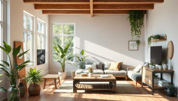Eco-friendly home interior showcasing sustainable materials like bamboo flooring, reclaimed wood furniture, and recycled steel accents, with natural light and indoor plants.