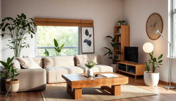 Cozy modern living room showcasing eco-friendly upgrades with potted plants, energy-efficient lighting, a recycled wood coffee table, and a solar-powered lamp.