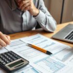 A person sits at a desk with financial documents, a calculator, a pen, a laptop, and coffee, appearing to review and analyze charts and data related to flexible financing and installment loans.