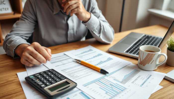 A person sits at a desk with financial documents, a calculator, a pen, a laptop, and coffee, appearing to review and analyze charts and data related to flexible financing and installment loans.