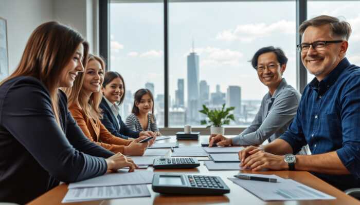 Diverse group of people in a financial office discussing installment loans, surrounded by documents and calculators, with a cityscape view symbolizing growth and stability.