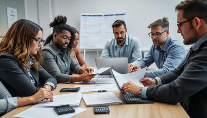 A diverse group of people analyzing financial documents and statements around a table in a modern office, emphasizing a serious and focused atmosphere.