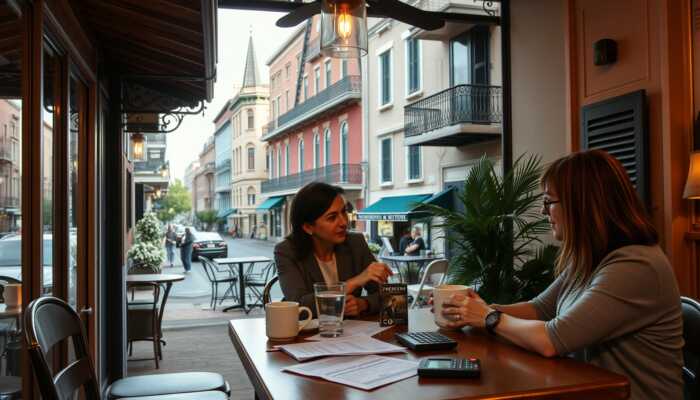People discussing personal finance over coffee in a cozy New Orleans café, with historic architecture and financial elements like a calculator and paperwork on the table.