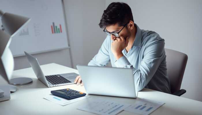 Person evaluating financial documents and using a laptop to assess needs for a personal loan application.