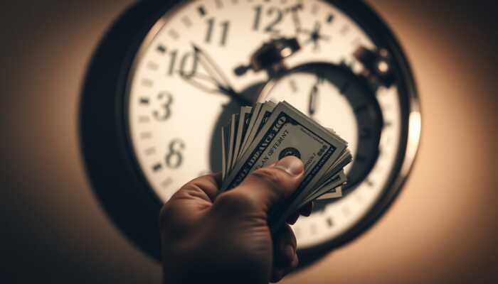 A hand holding a small stack of cash in front of a blurred clock, symbolizing urgency and financial distress.
