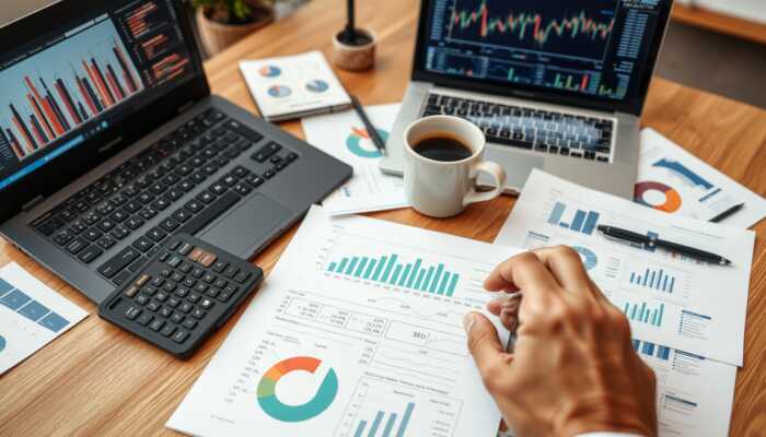 A person analyzes printed financial charts at a desk with a laptop, calculator, coffee cup, pen, and more charts—focused on financial recovery. Multiple financial graphs and data are displayed on the screens and papers.