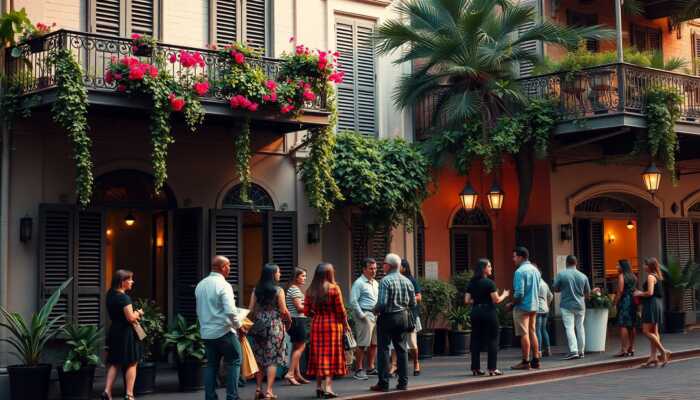 A picturesque New Orleans street scene showcasing a historic building with wrought-iron balconies, where a diverse group of people engage in friendly conversations, reflecting community support and opportunity in financial matters.
