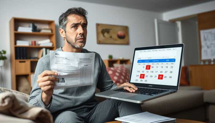 Person in a living room looking distressed while holding a medical bill, with a laptop displaying a personal loan application and a calendar marked with urgent dates.
