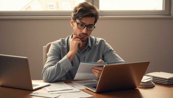 Individual calculating finances at a desk, surrounded by bills and a laptop, focused on budgeting with a contemplative expression.