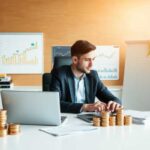 A man in a suit sits at a desk with stacks of coins, a laptop, documents, and charts in the background, showcasing his saving money strategies. The well-lit office features plants and a piggy bank on a shelf.