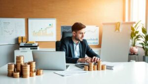 A man in a suit sits at a desk with stacks of coins, a laptop, documents, and charts in the background, showcasing his saving money strategies. The well-lit office features plants and a piggy bank on a shelf.