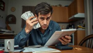 A man sits at a table in a kitchen, holding a stack of cash to his ear with one hand and examining documents about payday loan law loopholes with the other. Papers, a calculator, and a coffee mug are on the table in front of him.