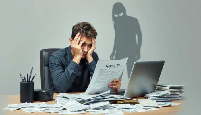 A stressed individual at a desk with bills and a laptop, holding a personal loan document, while a shadowy figure representing debt looms in the background.