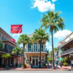 A sunny street scene with palm trees, pedestrians, and shops on both sides. A red banner reading "PERSONAL FINANCE: PAYDAY LOAN STRATEGIES" hangs above the road between two buildings. The sky is blue with some clouds.