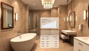 Modern bathroom with a freestanding bathtub, glass shower, double sinks, and marble walls. Overlaid are graphs and tables detailing costs, highlighting how to finance a bathroom remodel with practical insights into expenses and options.
