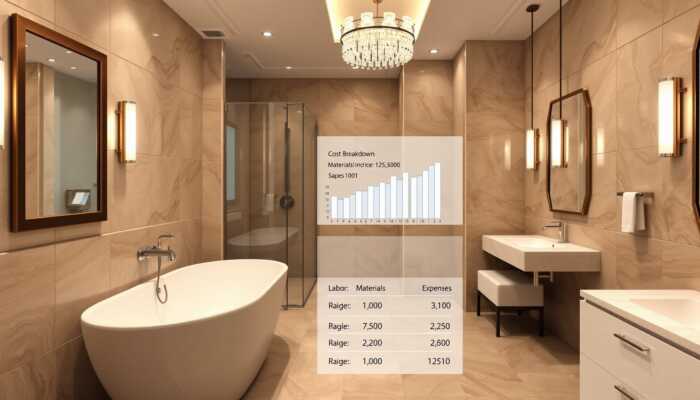 Modern bathroom with a freestanding bathtub, glass shower, double sinks, and marble walls. Overlaid are graphs and tables detailing costs, highlighting how to finance a bathroom remodel with practical insights into expenses and options.