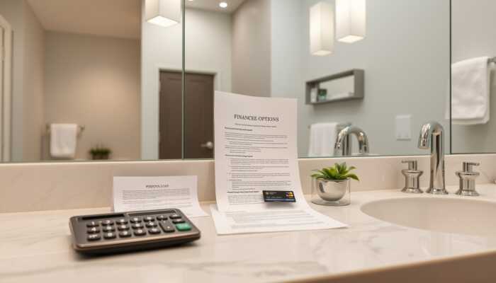 Bathroom remodel financing comparison with a personal loan document, home equity agreement, credit card and calculator