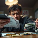 A person sits at a cluttered desk, holding documents and using a calculator, appearing stressed and focused on financial paperwork under a desk lamp—perhaps feeling the strain of payday loan impact.