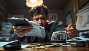 A person sits at a cluttered desk, holding documents and using a calculator, appearing stressed and focused on financial paperwork under a desk lamp—perhaps feeling the strain of payday loan impact.