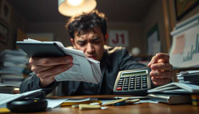 A person sits at a cluttered desk, holding documents and using a calculator, appearing stressed and focused on financial paperwork under a desk lamp—perhaps feeling the strain of payday loan impact.