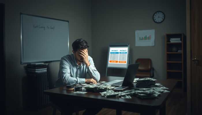 A worried individual in a dimly lit room examines payday loan offers on a laptop, surrounded by bills and an empty wallet, with a clock indicating urgency in the background.
