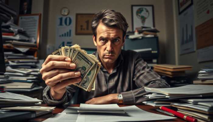 Person with a concerned expression holding cash at a cluttered desk, highlighting the stress of financial decisions regarding payday loans.