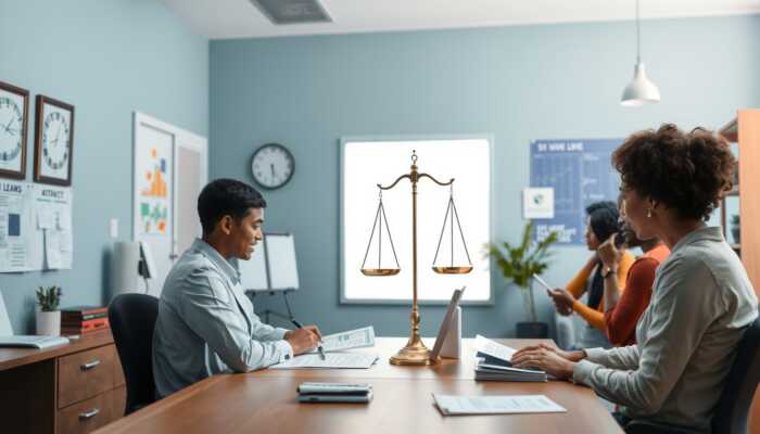 A payday lending office scene featuring a friendly lender at a desk with loan documents, while diverse borrowers review the information, symbolizing transparency and fairness in ethical lending practices.