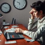 A person sits at a desk in California working on a laptop, surrounded by scattered papers. Multiple clocks showing different times are on the wall behind them, perhaps tracking deadlines for the payday loan process. A lamp, notebook, and mug complete the scene.
