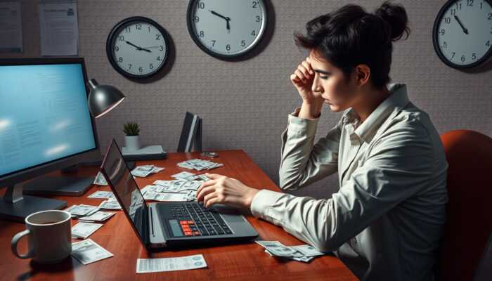 A person sits at a desk in California working on a laptop, surrounded by scattered papers. Multiple clocks showing different times are on the wall behind them, perhaps tracking deadlines for the payday loan process. A lamp, notebook, and mug complete the scene.