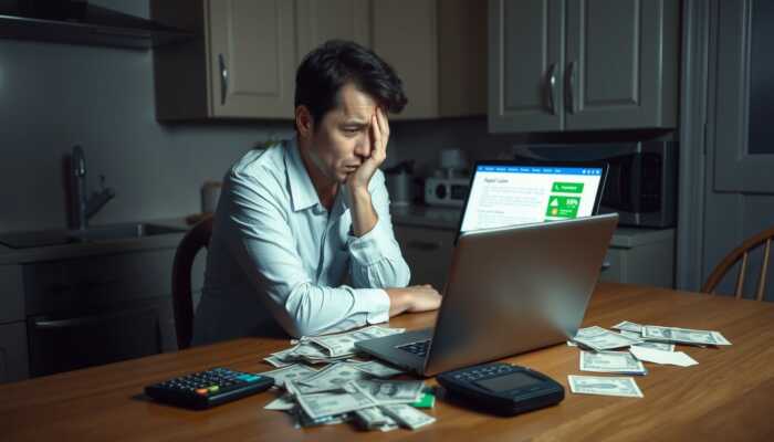 A stressed person at a kitchen table surrounded by bills and a calculator, with a laptop displaying a payday loan website in dim lighting.