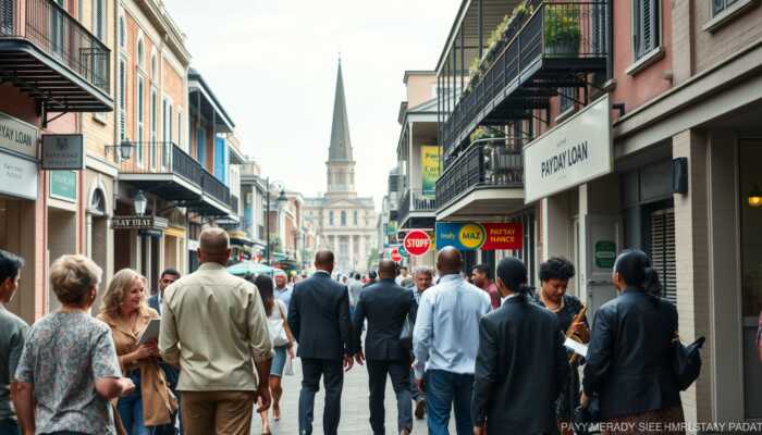 Diverse group discussing financial advice on a lively New Orleans street with historic architecture and jazz musicians, featuring payday loan storefronts in the background.