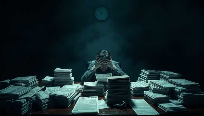 A stressed person surrounded by bills and payday loan agreements, symbolizing the cycle of debt and financial entrapment, with looming shadows and a clock indicating urgency.